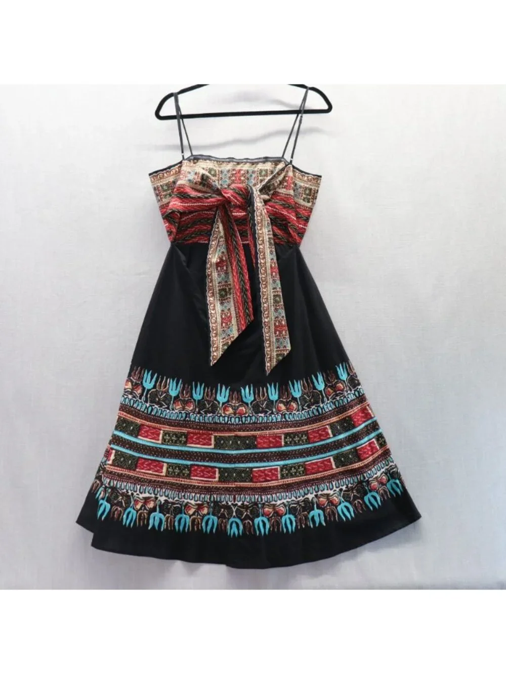 BCBG Max Azria Southwest Geo Print Tie Back Dress Black Red Medium - Picture 5 of 15